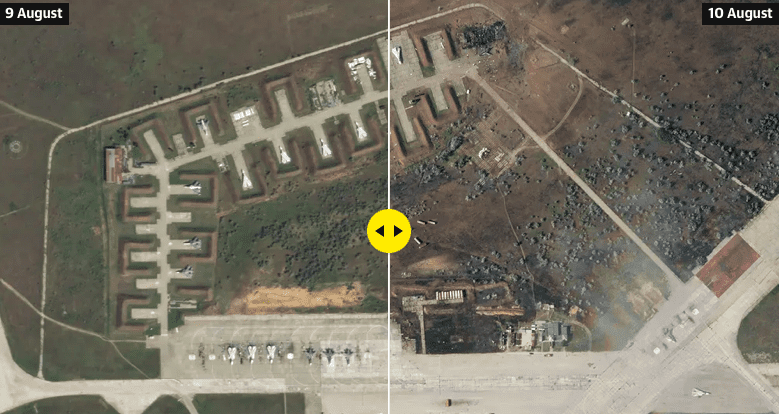 RUSI IZGUBILI 10 ZRAKOPLOVA Satelitske slike pokazuju uništene ruske ratne zrakoplove u napadu na zračnu bazu na Krimu